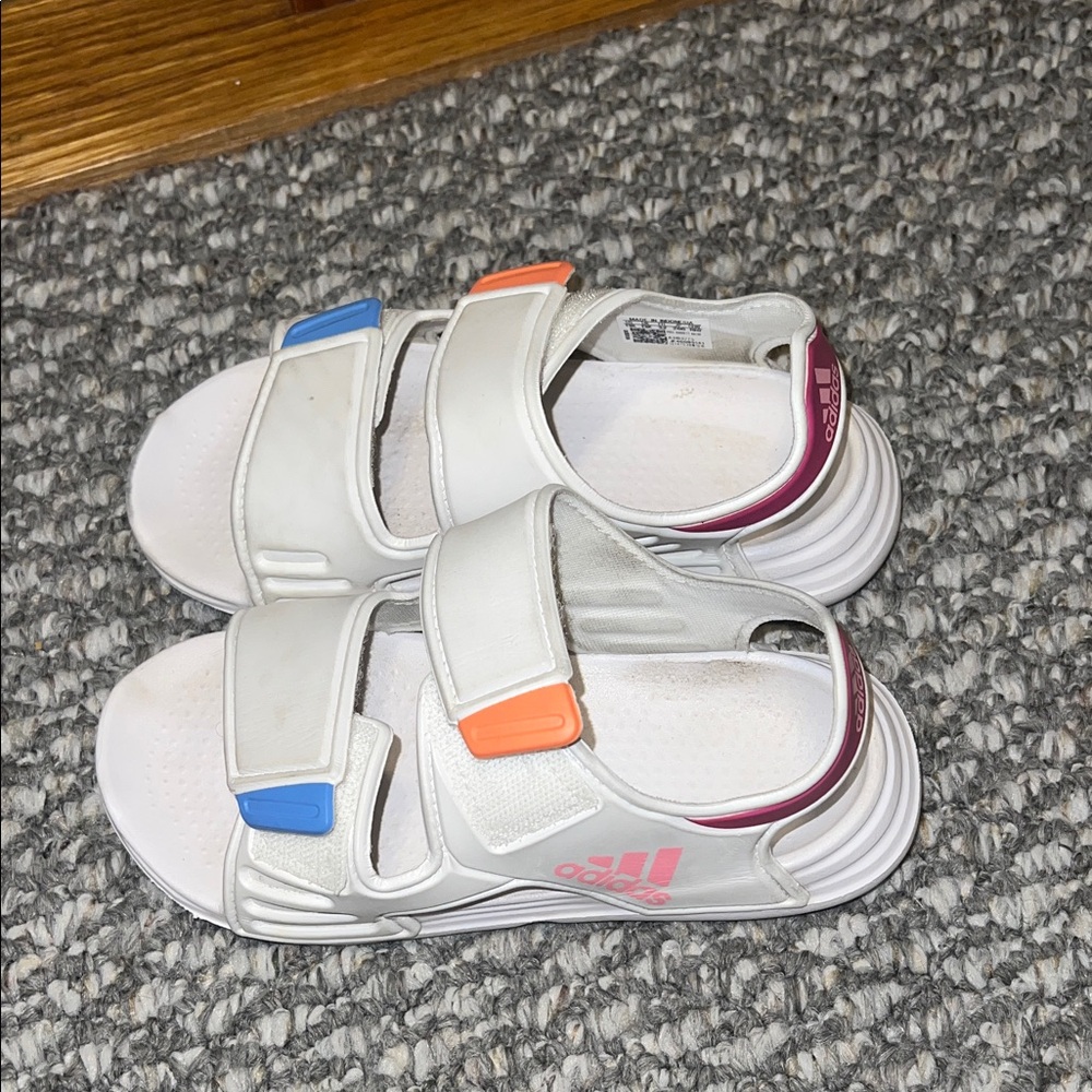 Adidas Kids White Sandals with Blue and Orange Accents